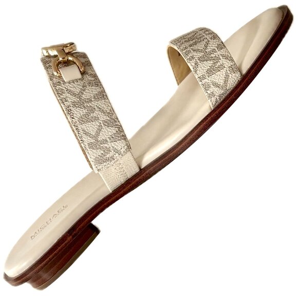 SOLD Michael Kors Wm Sz 8 SlipOn Flat Sandal Ivory Tan Logo Leather Gold Logo - Picture 6 of 14